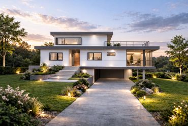 Modern two-story house with sleek design and illuminated landscaping at dusk.