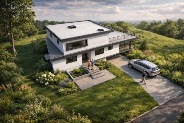 Modern two-story house with flat roof surrounded by greenery and a parked car.