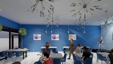 Modern dining room with blue walls and unique chandeliers.
