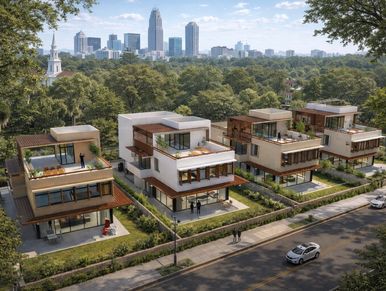 Modern homes with rooftop terraces in a green neighborhood near a city skyline.