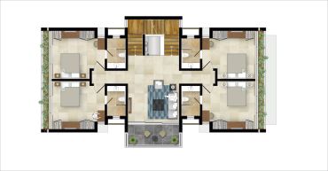 Symmetrical floor plan with two bedrooms, bathrooms, and a central living area leading to a balcony.