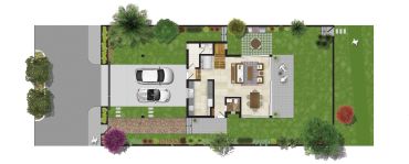 Top-down view of a modern single-story house with garden and driveway.