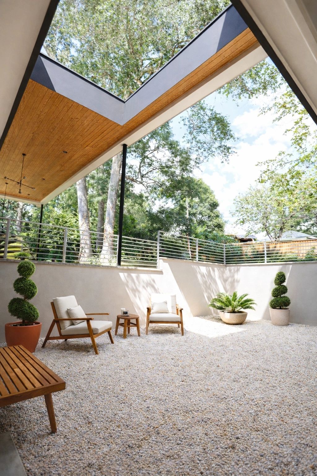 Modern outdoor patio with wooden furniture and greenery under a clear sky.