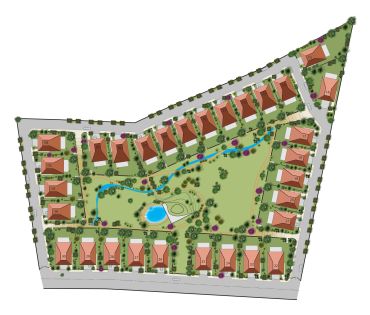 A residential site plan with numbered houses, green spaces, a pond, and walking paths.
