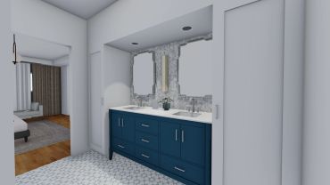 Modern bathroom with blue vanity and two sinks.