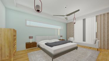 Modern bedroom with neutral tones, a bed, sofa, and wooden furniture.