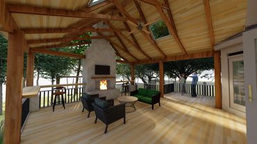 Spacious wooden patio with seating, fireplace, and two people conversing near the railing.