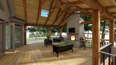 Cozy outdoor patio with fireplace, seating, and wooden beams under a vaulted ceiling.