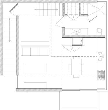 Architectural floor plan of a modern living space with kitchen, dining, and bathroom.