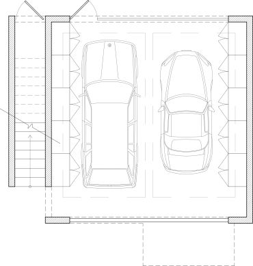 Architectural plan of a two-car garage with staircase access.