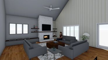Modern living room with gray sofas, a fireplace, and wood accents.