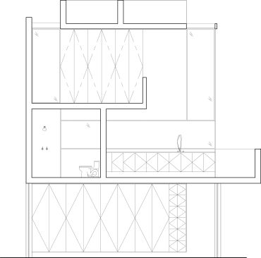 Architectural section drawing of a bathroom and kitchen area.