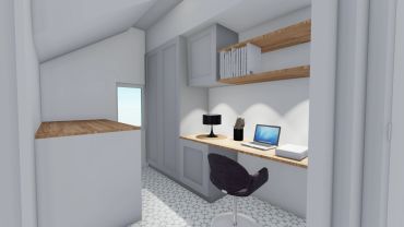 Modern minimalist home office with slanted ceiling.