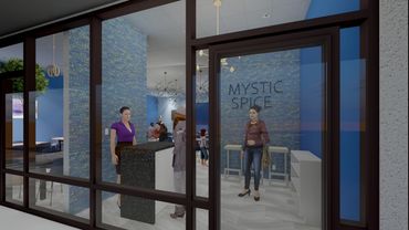People inside Mystic Spice restaurant with blue tiled walls and modern lighting.