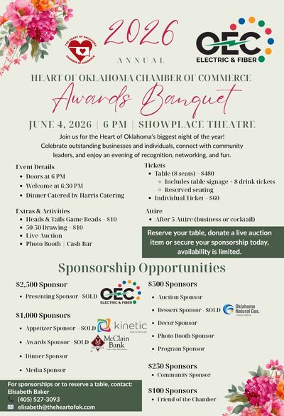 2026 Heart of Oklahoma Chamber of Commerce Awards Banquet flyer with event details and sponsorship opportunities.