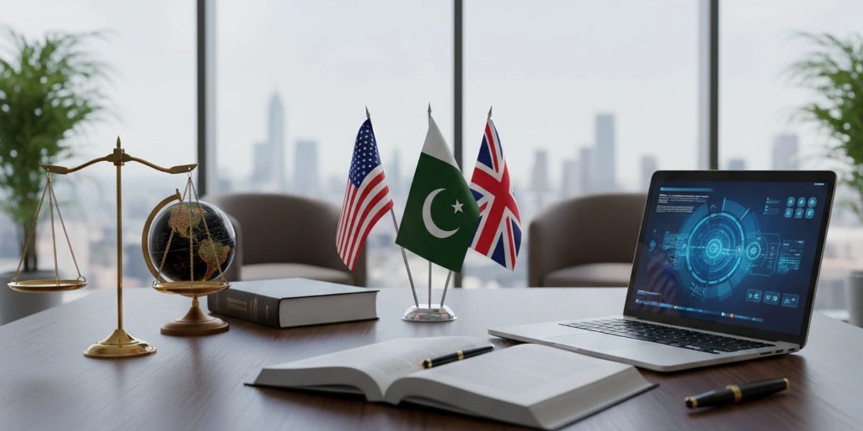 Modern law office desk with justice scale, laptop, globe, and flags of Pakistan, USA, and UK.