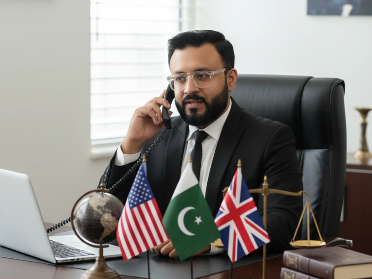 Professional lawyer at desk with globe and flags of Pakistan, UK, and USA