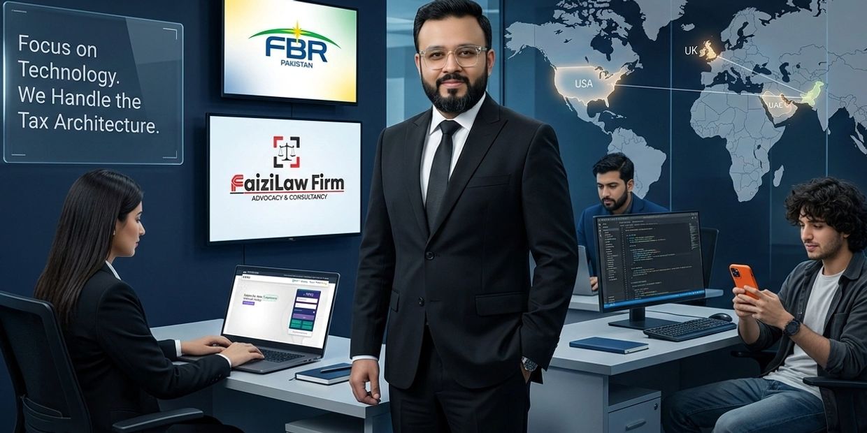 Hamza Faizi supervising IT export tax team with USA UK and Middle East map