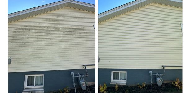 Side-by-side comparison of a house exterior before and after cleaning.