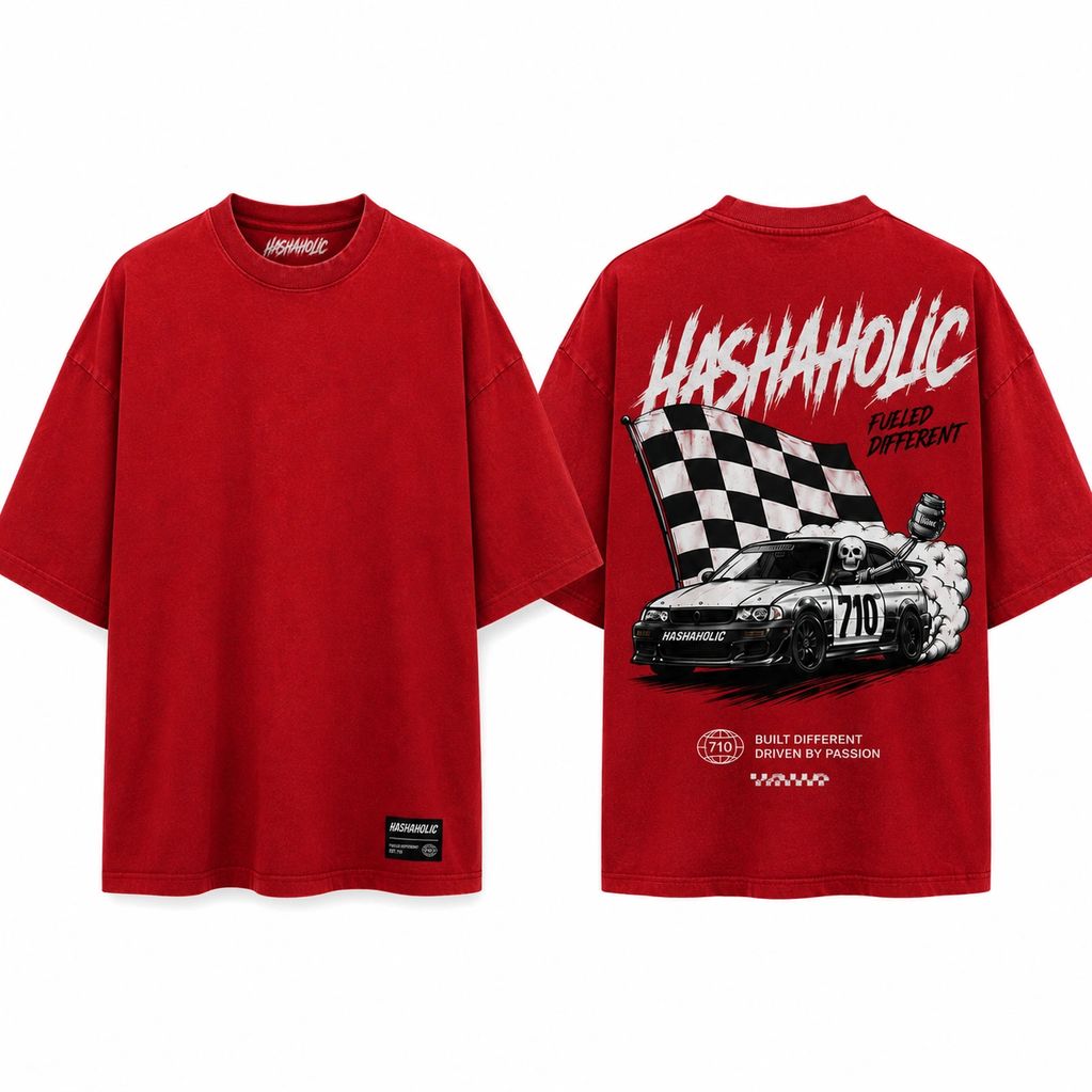 Red T-shirt with a racing car graphic and bold text on the back.
