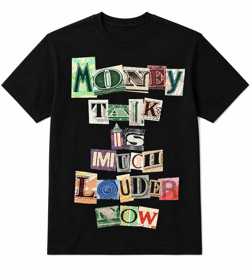 Black t-shirt with colorful ransom note style text saying "Money Talk Is Much Louder Now."
