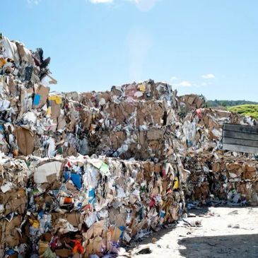 Large bales of compressed recyclable paper and cardboard outdoors.