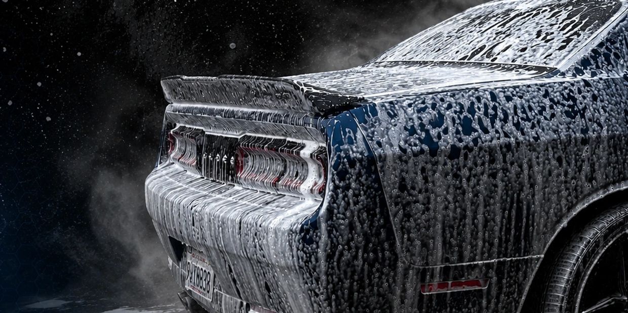 A car covered in soap suds during a wash, highlighting its rear and taillights.