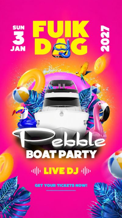 Bright flyer for Pebble Boat Party with live DJ on January 3, 2027.