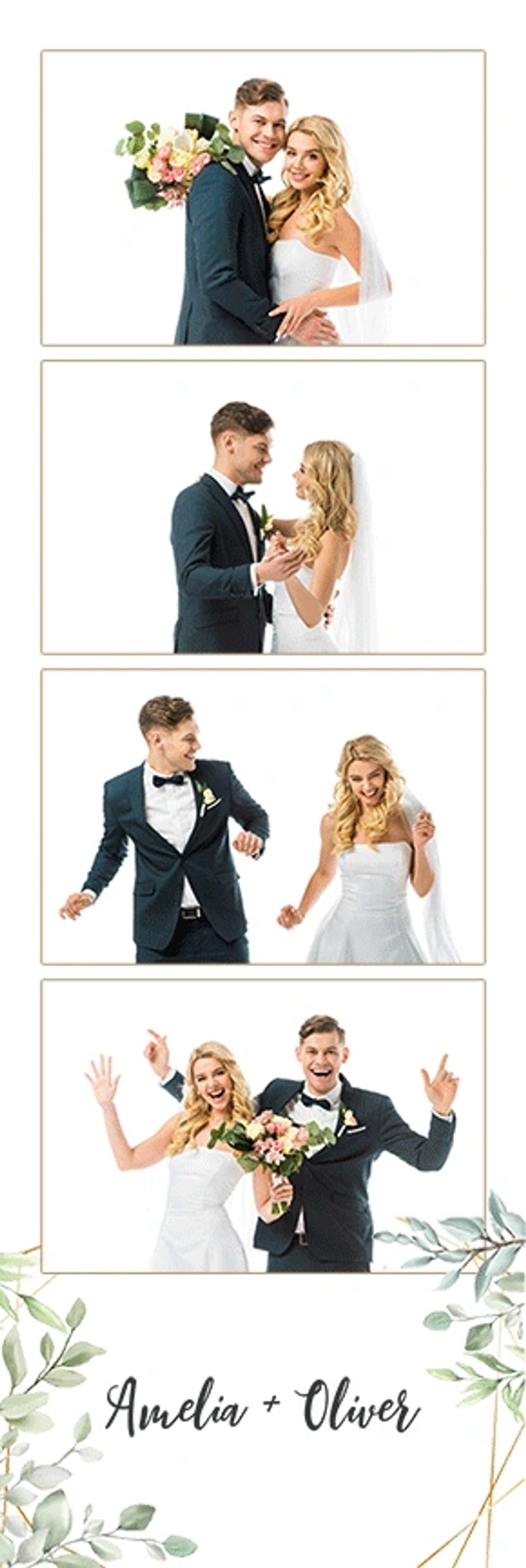 Wedding photo strip of a happy bride and groom celebrating their day.