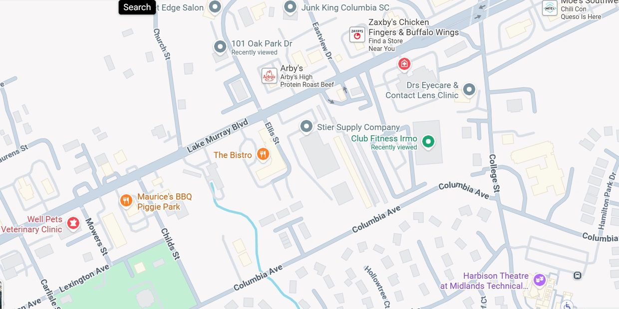 Map showing businesses and streets around Columbia Ave and Lake Murray Blvd.
