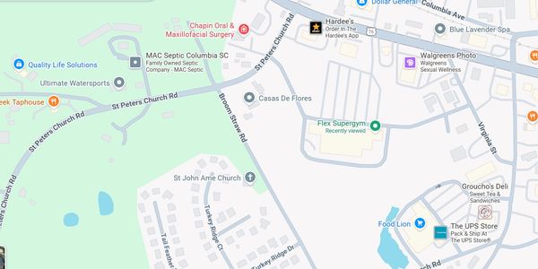 Map of a neighborhood showing local businesses and streets.