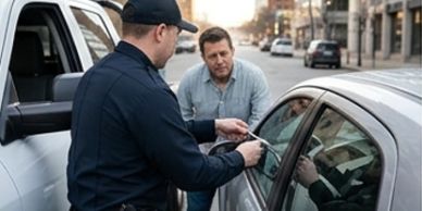 Police officer talking to a driver during a traffic stop.