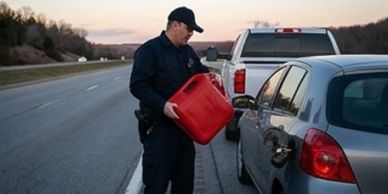 Police officer helping with car fuel on roadside.