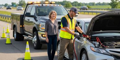 Roadside assistance worker helps a woman with a car battery jump start.