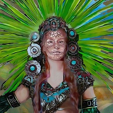 Person in Aztec-inspired face paint and headdress.