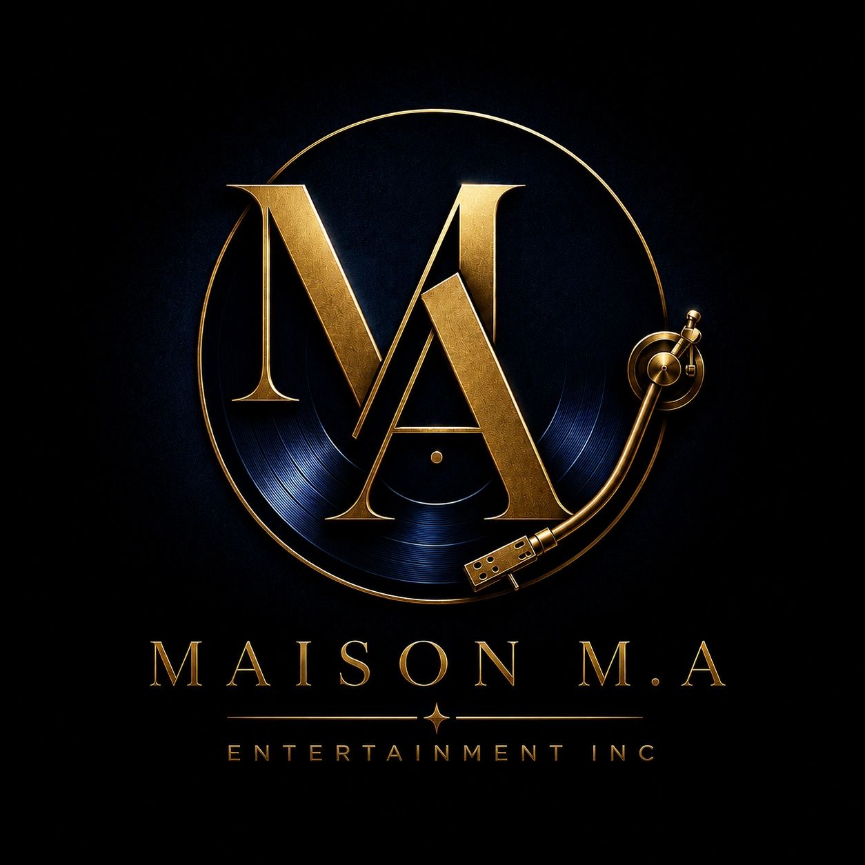 Elegant golden logo of Maison M.A Entertainment Inc with a vinyl record and tonearm design.