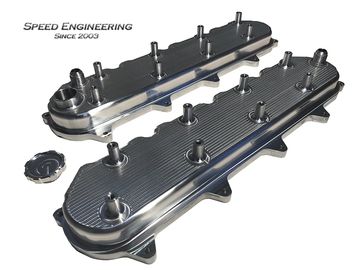 Two polished metal valve covers with a cap, branded Speed Engineering.