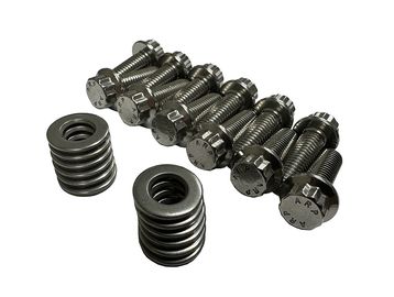 Metal bolts and coil springs arranged on a white background.