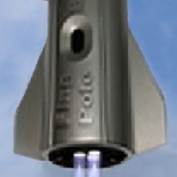 Rocket engine firing with bluish exhaust.