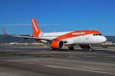 An easyJet airplane parked on the runway under a clear blue sky.