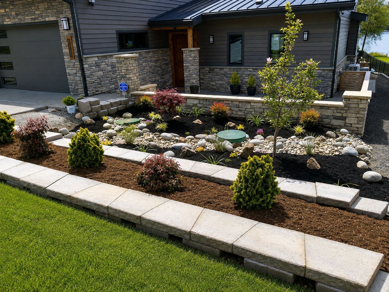 Landscape and hardscape project with retaining walls, river rock, ornamental trees, shrubs and mulch