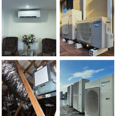 Four images showing indoor and outdoor air conditioning units and ventilation systems.