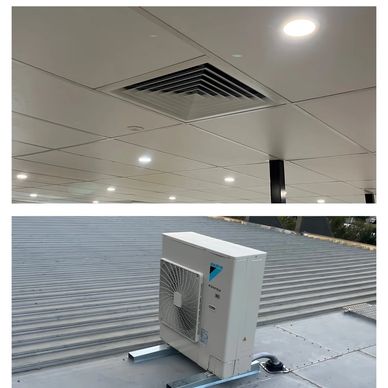 Indoor ceiling vent and outdoor air conditioning unit on a rooftop.