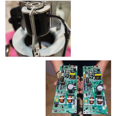 Close-up of an electronic motor component and two circuit boards held by hands.