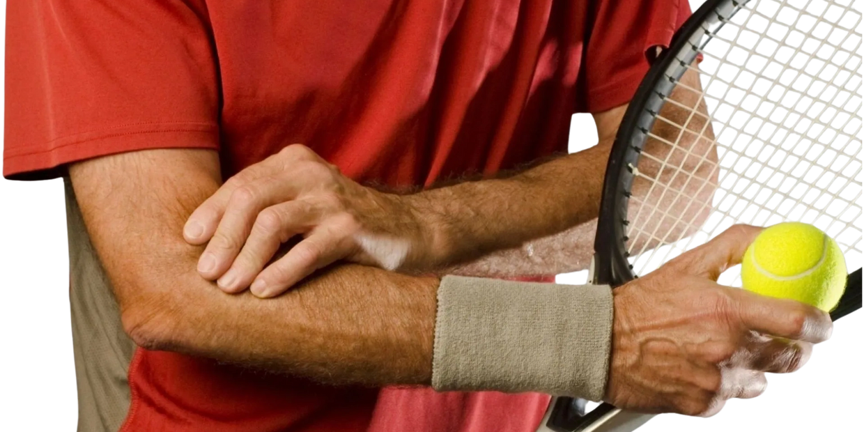 An individual holding onto his elbow whilst playing tennis, to signify he has tennis elbow pain