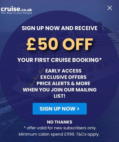 Cruise.co.uk offers £50 off your first cruise booking with early access and exclusive deals.