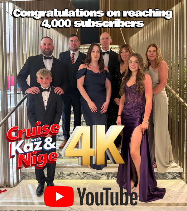 Formal group photo celebrating 4,000 YouTube subscribers for Cruise with Kaz & Nige.
