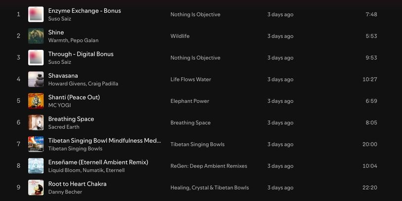 Playlist of ambient and mindfulness tracks with durations and artists.