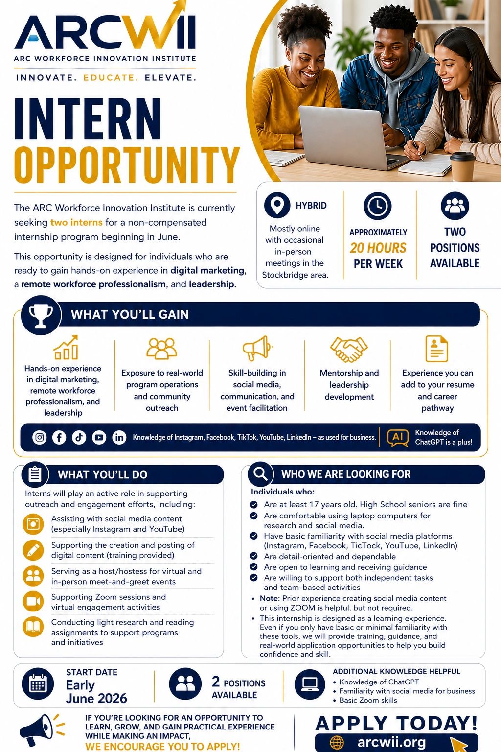ARC Workforce Innovation Institute offers hybrid internships in digital marketing for hands-on experience and leadership development.