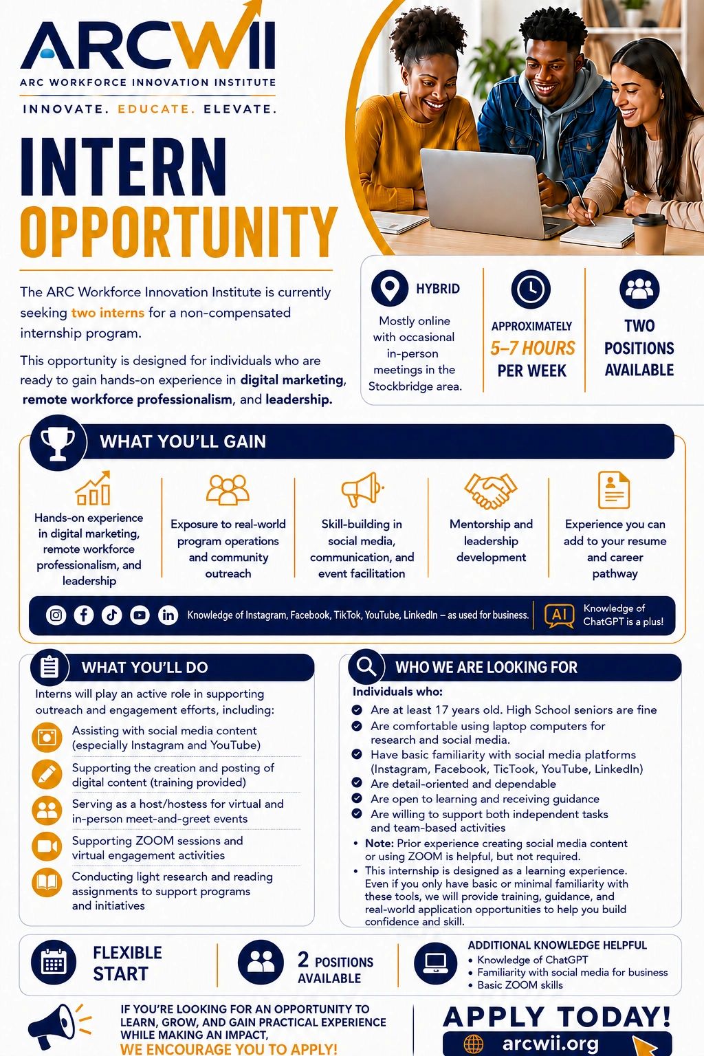 ARC Workforce Innovation Institute offering two hybrid internship positions.